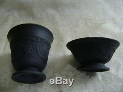 Vintage Wedgwood Black Basalt Jasperware Patrician Pattern Egg Cup & Open Salt