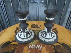 Vintage Wedgwood Black Jasperware Candlestick Candle Holder Cameos Pair