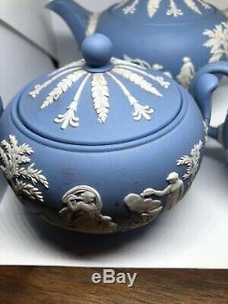 Vintage Wedgwood Blue Jasper Ware Teapot Creamer and Sugar Set