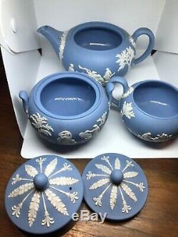Vintage Wedgwood Blue Jasper Ware Teapot Creamer and Sugar Set