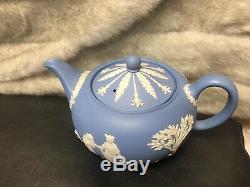 Vintage Wedgwood Blue Jasper Ware Teapot, Creamer and Sugar (c. 1930)