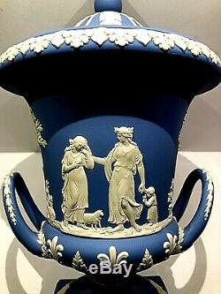 Vintage Wedgwood Blue Jasperware 11.75 Urn Vase Sacrifice Figures New NOS