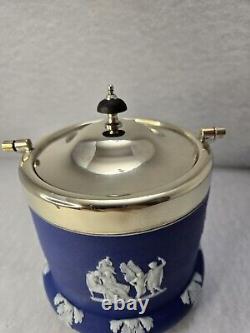 Vintage Wedgwood Blue Jasperware Bisque Silverplate Biscuit Jar Barrel