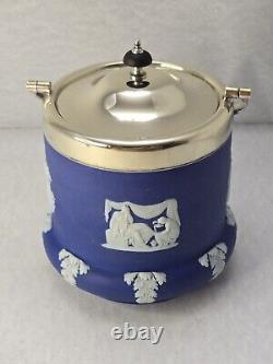 Vintage Wedgwood Blue Jasperware Bisque Silverplate Biscuit Jar Barrel