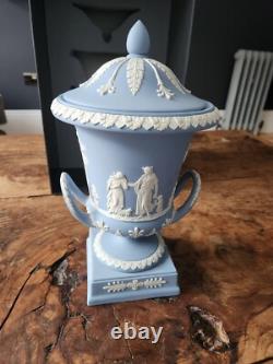 Vintage Wedgwood Blue Jasperware Campagna Lidded Urn Vase Boxed, Exc Condition