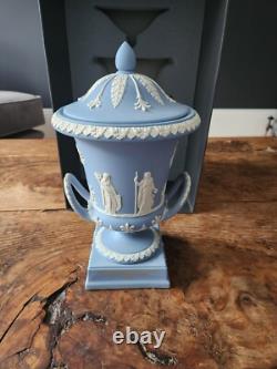 Vintage Wedgwood Blue Jasperware Campagna Lidded Urn Vase Boxed, Exc Condition