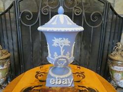 Vintage Wedgwood Blue Jasperware Campana Pedestal Urn Vase Sacrifice Figures MIB