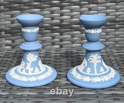 Vintage Wedgwood Blue Jasperware Candlestick Pair, Classical Relief, 1969 & 1978
