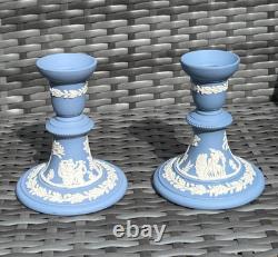 Vintage Wedgwood Blue Jasperware Candlestick Pair, Classical Relief, 1969 & 1978