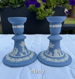 Vintage Wedgwood Blue Jasperware Candlestick Pair, Classical Relief, 1969 & 1978