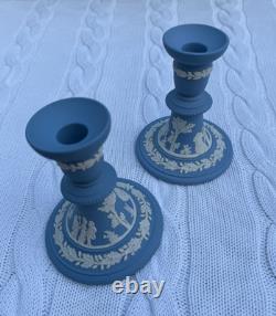Vintage Wedgwood Blue Jasperware Candlestick Pair, Classical Relief, 1969 & 1978