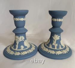 Vintage Wedgwood Blue Jasperware Candlestick Pair, Classical Relief, 1969 & 1978