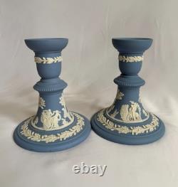 Vintage Wedgwood Blue Jasperware Candlestick Pair, Classical Relief, 1969 & 1978