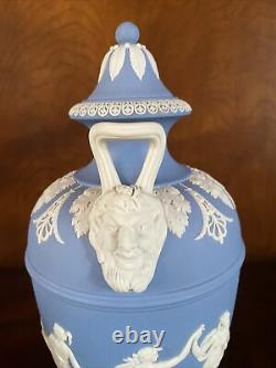 Vintage Wedgwood Blue Jasperware Dancing Hours Urn Vase With Lid Bacchus