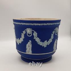 Vintage Wedgwood Blue Jasperware Planter Cachepot Lion Head Garlands England