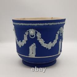 Vintage Wedgwood Blue Jasperware Planter Cachepot Lion Head Garlands England