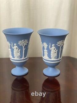 Vintage Wedgwood Blue Jasperware Sacrifice 7 1/2 Footed Pedestal Vase Pair of 2