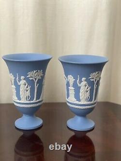 Vintage Wedgwood Blue Jasperware Sacrifice 7 1/2 Footed Pedestal Vase Pair of 2