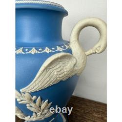 Vintage Wedgwood Blue Jasperware Urn Vase Swan Handles Relief Bird Floral 8