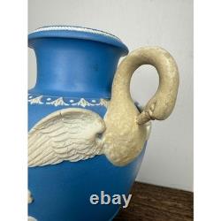 Vintage Wedgwood Blue Jasperware Urn Vase Swan Handles Relief Bird Floral 8