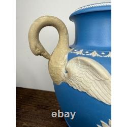 Vintage Wedgwood Blue Jasperware Urn Vase Swan Handles Relief Bird Floral 8