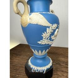 Vintage Wedgwood Blue Jasperware Urn Vase Swan Handles Relief Bird Floral 8