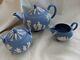 Vintage Wedgwood Blue White Jasperware Tea Set Teapot Sugar Bowl Cream Jug