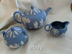 Vintage Wedgwood Blue White Jasperware Tea Set Teapot Sugar Bowl Cream jug