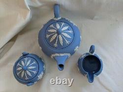 Vintage Wedgwood Blue White Jasperware Tea Set Teapot Sugar Bowl Cream jug