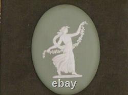 Vintage Wedgwood Green Jasperware Oval Floral Girl Cameo Framed Plaque Pair