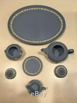 Vintage Wedgwood Jasperware Pale Blue 7 piece Miniature Tea Set & Platter NICE