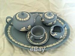 Vintage Wedgwood Jasperware Pale Blue 8 piece Miniature Tea Set & Platter NICE