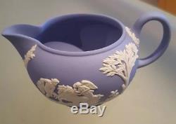 Vintage Wedgwood Light blue Jasperware teapot with milk jug & lidded sugar bowl