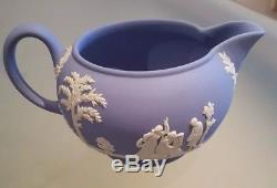 Vintage Wedgwood Light blue Jasperware teapot with milk jug & lidded sugar bowl