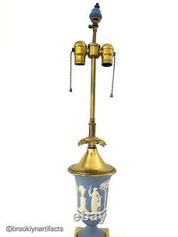 Vintage Wedgwood Porcelain Blue Jasperware Lamp Vase With Crystal Base