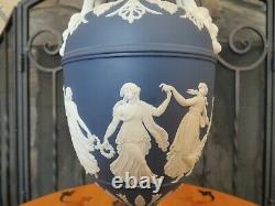Vintage Wedgwood Portland Blue Jasperware Dancing Hours Bacchus Heads Urn Vase