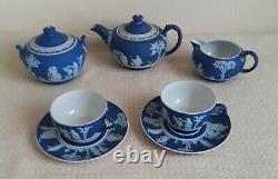 Vintage Wedgwood Portland Blue Jasperware Teapot Creamer Sugar Cups Saucers Set