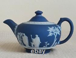 Vintage Wedgwood Portland Blue Jasperware Teapot Creamer Sugar Cups Saucers Set