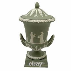Vintage Wedgwood Sage Green Jasperware Large 11.5 Campana Pedestal Urn With Lid