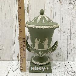 Vintage Wedgwood Sage Green Jasperware Large 11.5 Campana Pedestal Urn With Lid