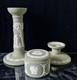 Vintage Wedgwood Sage Green Jasperware Neo Classical Candlestick Trinket Jar Set