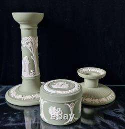 Vintage Wedgwood Sage Green Jasperware Neo Classical Candlestick Trinket Jar Set