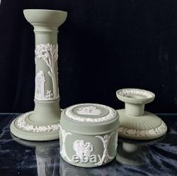 Vintage Wedgwood Sage Green Jasperware Neo Classical Candlestick Trinket Jar Set