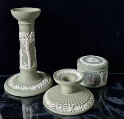 Vintage Wedgwood Sage Green Jasperware Neo Classical Candlestick Trinket Jar Set