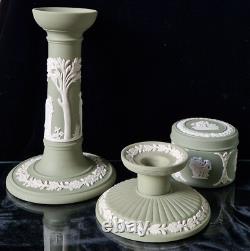Vintage Wedgwood Sage Green Jasperware Neo Classical Candlestick Trinket Jar Set
