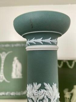 Vintage Wedgwood Teal Green White Jasperware 6 3/4 Candlesticks Holders A Pair