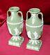 Vintage Wedgwood Twin Handled Pedestal Urn Vases Sage Green Jasperware Pair Of