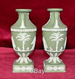 Vintage Wedgwood Twin Handled Pedestal Urn Vases Sage Green Jasperware Pair of