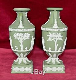 Vintage Wedgwood Twin Handled Pedestal Urn Vases Sage Green Jasperware Pair of