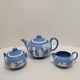 Vintages Wedgwood 1953 England Jasperware Blue Teapot With Sugar Bowl And Creamer